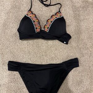 Embroidered Black Bikini Set